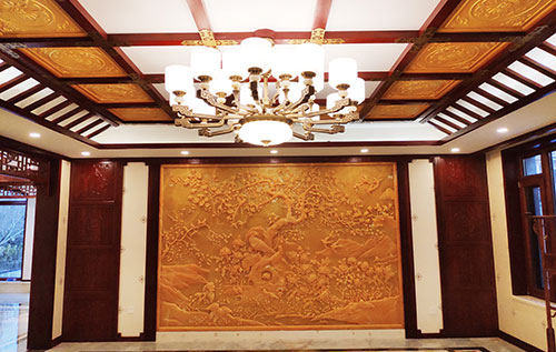 江口中式别墅客厅中式木作横梁吊顶装饰展示
